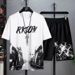 Stylish Black and White Printed Men’s Two Piece Set Short Sleeved Loose Wear Baggy Style Round Neck Top Shirt Elastic Bottom Shorts