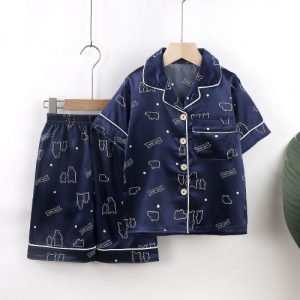 Cartoon Printed Satin Two Piece Sleepwear Set for Kids Lapel Neck Short Sleeves Black Blue Color Button Closure