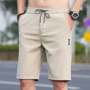 Stylish Khaki Elastic Waist Shorts for Men Versatile Summer Fashion Wear with 2 Pockets Perfect for Indoor and Outdoor Activities