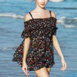 Dark Blue Cotton Blends Women’s Beach Swimwear Set Spaghetti Strap Ruffle Design Floral Print Off Shoulder Dress Printed Bra & Mini Top Swim Dress