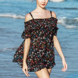 Dark Blue Cotton Blends Women's Beach Swimwear Set Spaghetti Strap Ruffle Design Floral Print Off Shoulder Dress Printed Bra & Mini Top Swim Dress