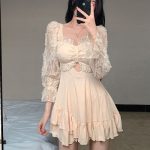 Floral Mesh Design Swimsuit Mini Dress Padded Bra and Tulle Long Sleeves for Women Summer Lace Sexy Swimwear