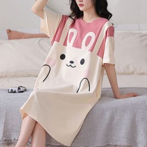 Cute Rabbit Printed Midi Length Pajama Dress for Women Casual Loose Style Short Sleeves Round Neck Pink Color Perfect for Sleepwear & Nightwear.