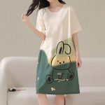 Cute Rabbit Printed Midi Dress Comfortable Sleepwear & Casual Night Dress for Women Green Terylene & Cotton Blend Fabric