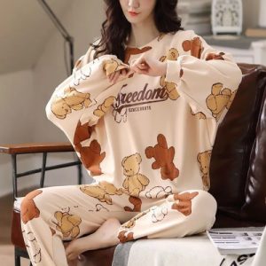 Cozy Bear Cartoon Pajama Set Full Sleeves Elastic Waist Trendy Women's Sleepwear Perfect for Home and Indoor Fashion