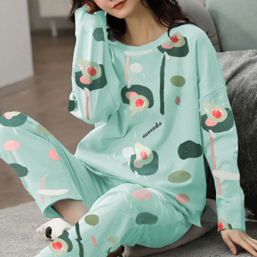 Avocado Dreams Pajama Set Sea Green Fruits Print Two-Piece Sleepwear for Women. Round Neck Full Sleeves. Soft Elastic Waist Long Trousers.