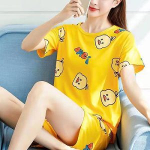 Quack-tastic Duck Print Pajama Set Cute Cartoon Women's Sleepwear with Soft Fabric Short Sleeves and Elastic Bottom Shorts