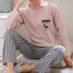 Cozy Animal Print Pajama Set for Men Soft Cotton Blend Gray Pink Stripes Round Neck Long Sleeves Elastic Waist Full Length