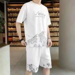 Stylish White Cotton Two Piece Matching Set for Men Short Sleeves Printed Elastic Waist Casual Summer Wear