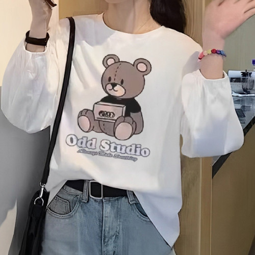 Cute Bear Cartoon Print Long Sleeves Top White Round Neck Loose Tshirt for Women Fashionable Casual Cotton Blends Clothing