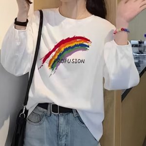 Colorful Cartoon Print Cotton Blends Round Neck Top Fashionable Long Sleeves T-Shirt for Women