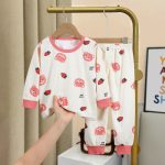 Adorable Pink Cartoon Print Kids Pajama Set Comfortable Cotton Two Piece Fashion Pyjama for Casual Wear