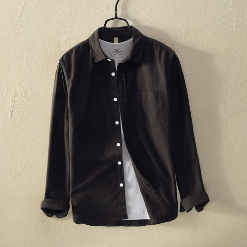 Black Button Style Men's Top Shirt Long Sleeves Collar Neck Casual Streetwear Fashionable & Simple Nylon & Cotton Blend