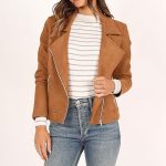 Women’s Fashionable Brown Moto Jacket Casual Straight Style Full Sleeves Zip Closure Winter Wear Overcoat