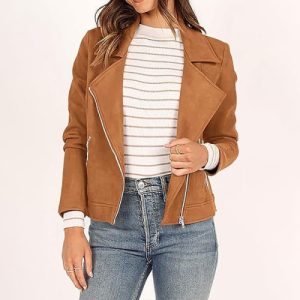 Women's Fashionable Brown Moto Jacket Casual Straight Style Full Sleeves Zip Closure Winter Wear Overcoat