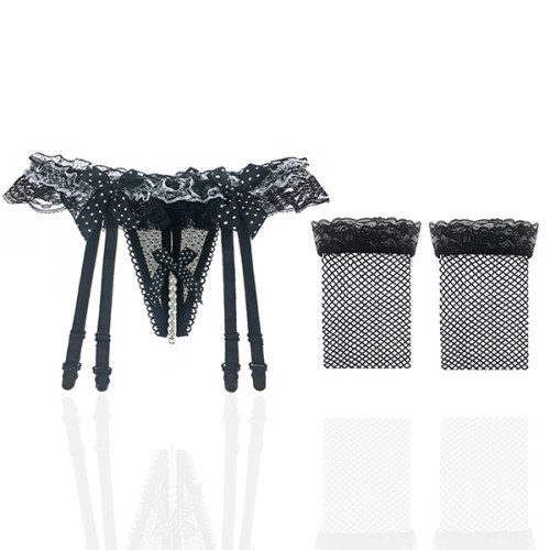 Black Lace Strap Over The Knee Stocking Set Seductive Mesh See-Through Floral Lace Design; Ultra Thin Underwear Included!