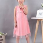 Double Layer Floral Mesh Pink Girls Dress Sleeveless Terylene Notched Neck Summer Wear