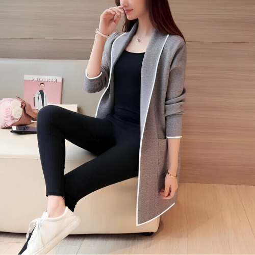 Trendy Gray Lapel Neck Coat for Women Stylish Long Sleeves Cardigan with Front Open Style Color Panel Front Pocket Overcoat. Winter Wear Wool Warm and Plain Women’s Formal Trench Coat