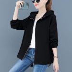 Stylish Black Zip-Up Hoodie Jacket Women’s Long Sleeves Polyester Overcoat Fashionable Outerwear Coat for Ladies