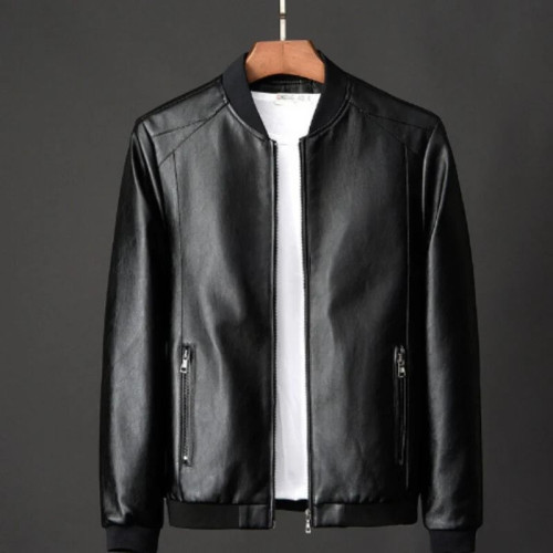 Black Leather Biker Jacket for Men Stand Collar Long Sleeves Zipper Pocket Design Cool and Stylish Zip-Up Designer Outerwear