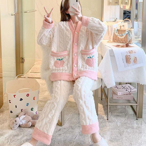 Comfy Fruit Print Pajama Set Loose Fit Button Closure Long Sleeves V-Neck White Color Polyester & Cotton Blend for Women