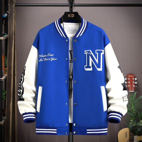 Blue Stripes Letter Print Baseball Jacket for Men Casual Full Sleeves Button-Up Youth Top Jacket