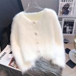 Fluffy White Button-Up Jacket Cardigan Fashionable Women’s Sweater Coat for Long Sleeves Style