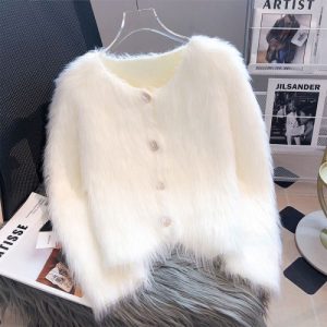 Fluffy White Button-Up Jacket Cardigan Fashionable Women's Sweater Coat for Long Sleeves Style