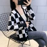 Black Checker Pattern Button-Up Women’s Sweater Stylish Casual Overcoat with Plaid Design & Loose Fit