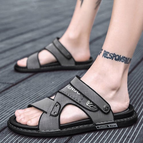 Beach-Ready Men's Casual Sandals Slip-On PU Leather with Non-Slip Sole Stylish Letters Print Comfortable and Durable for Outdoor Walking and Summer Wear