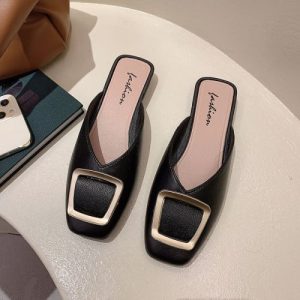 Stylish Black Slip-On Flat Mules Lightweight Synthetic Leather Sandals with Buckle Detail Perfect for Casual Summer Outfits