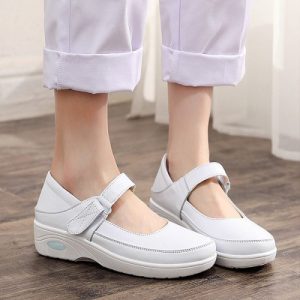 Comfort and Style Combined Women's White Mary Jane Flat Shoes with Velcro Closure Perfect for School or Office Wear