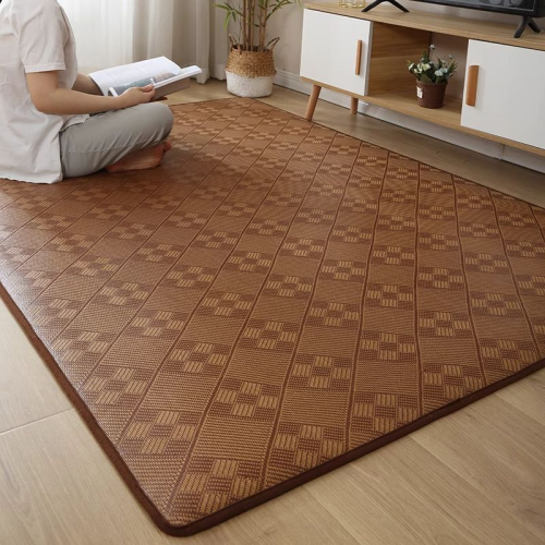 Japanese Tradition Bamboo Geometric Rug Non Slip Foldable & Scratch Resistant Mat for Living Room & Bedroom Decor + Floor Protection