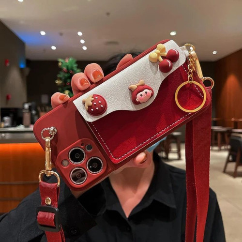 Premium TPU Phone Case Stylish Cartoon Design Full Body Protection Adjustable Strap Red Cover for iPhone Series