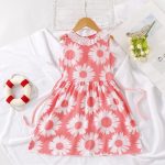 Beautiful White Pink Girls Dress High Quality Fancy Clothing Casual Round Neck Printed Cotton Blends