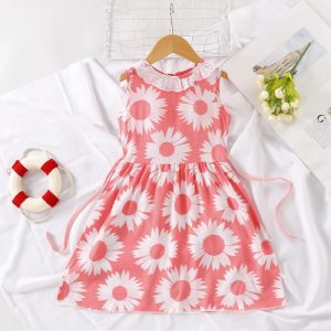 Beautiful White Pink Girls Dress High Quality Fancy Clothing Casual Round Neck Printed Cotton Blends