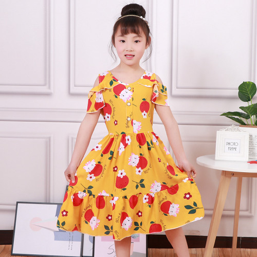 Cute Yellow Princess Dress for Girls Off Shoulder Short Sleeve Casual and Adorable Cotton Blend Dress with a Printed Pattern