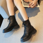 Stylish Black Lace-Up Synthetic Leather Boots with Thick Bottom Perfect for Casual Occasions Women’s Footwear.