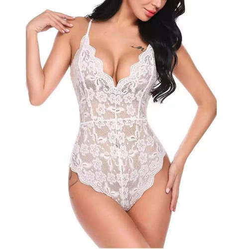 White Lace Perspective Bodysuit Feminine Floral Texture with See Through Design Perfect for Women