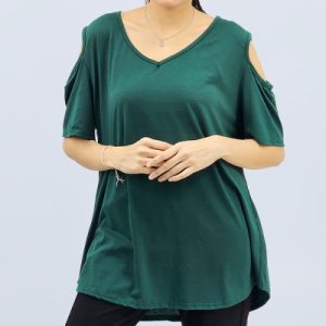 Stylish Green V Neck Cold Shoulder Blouse Perfect for Casual Wear Above Knee Length Solid Pattern Short Sleeves Made of Polyester