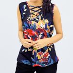 Floral V-Neck Beach Blouse Stylish Women’s Casual Top in Black Sleeveless Above Knee Length Polyester Fabric