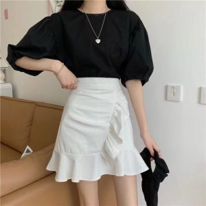 White Pleated High Waist Slim Skirt Women's Fashion A-line Hip Skirt